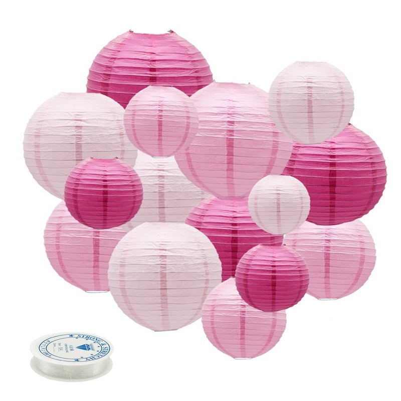 Meiduo Round Chinese Paper Lanterns Decorative 15pcs Wedding Birthday Party Valentine's Day Baby Showers Decoration (Pink) - Image 1